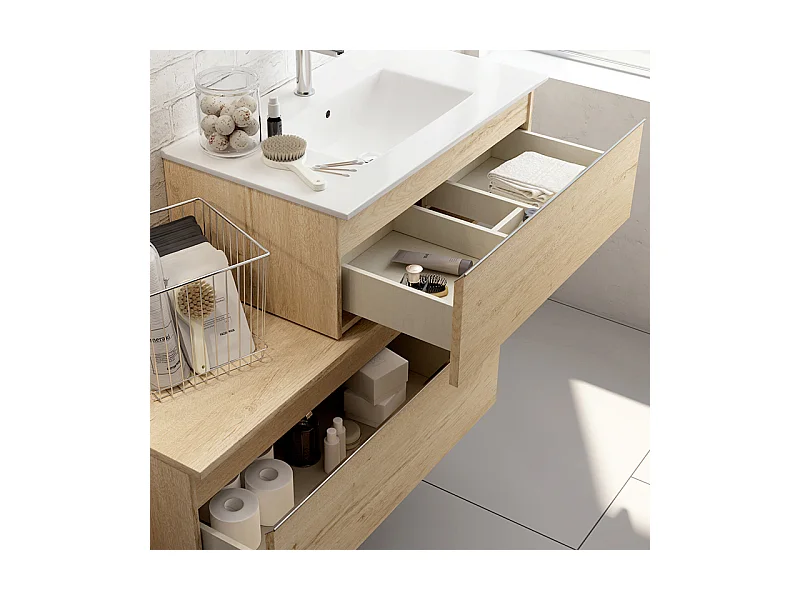 Meuble de salle de bain 1 tiroir avec vasque à poser arrondie PENA et miroir Led STAM - Bambou (chêne clair) - 80cm