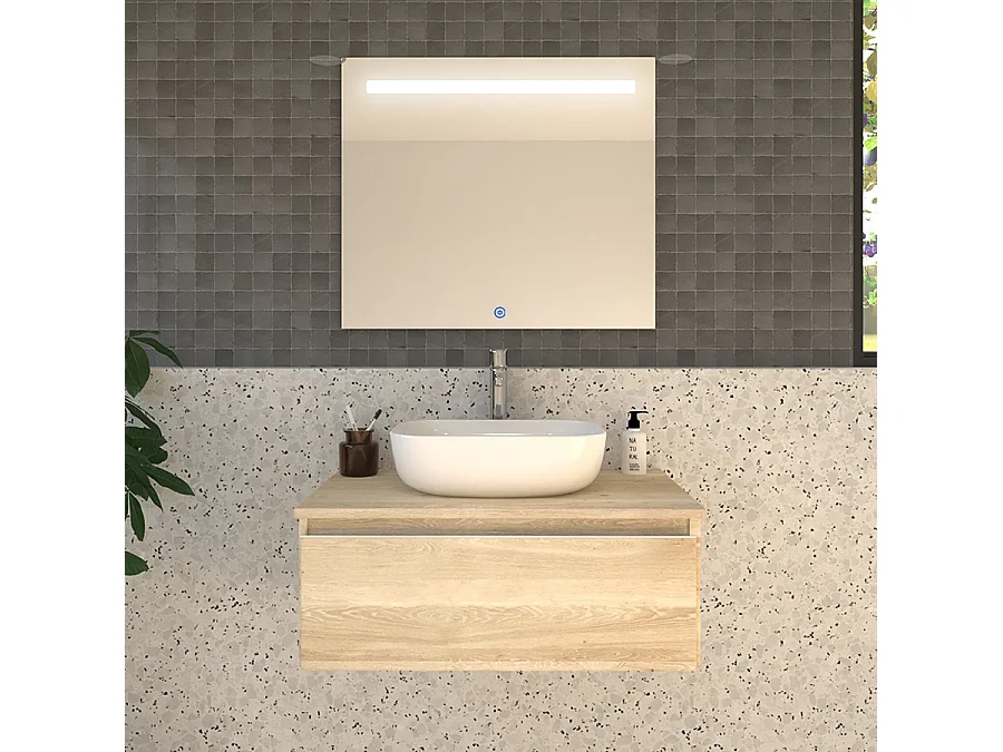Meuble de salle de bain 1 tiroir avec vasque à poser arrondie PENA et miroir Led STAM - Bambou (chêne clair) - 80cm