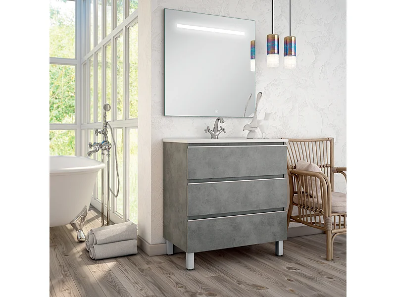Meuble de salle de bain simple vasque - 3 tiroirs - PALMA et miroir Led STAM - ciment (gris) - 80cm