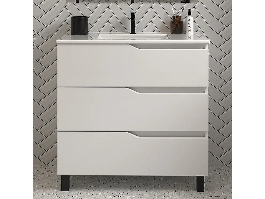 Meuble de salle de bain 70cm simple vasque - 3 tiroirs - sans miroir - blanc - MATA