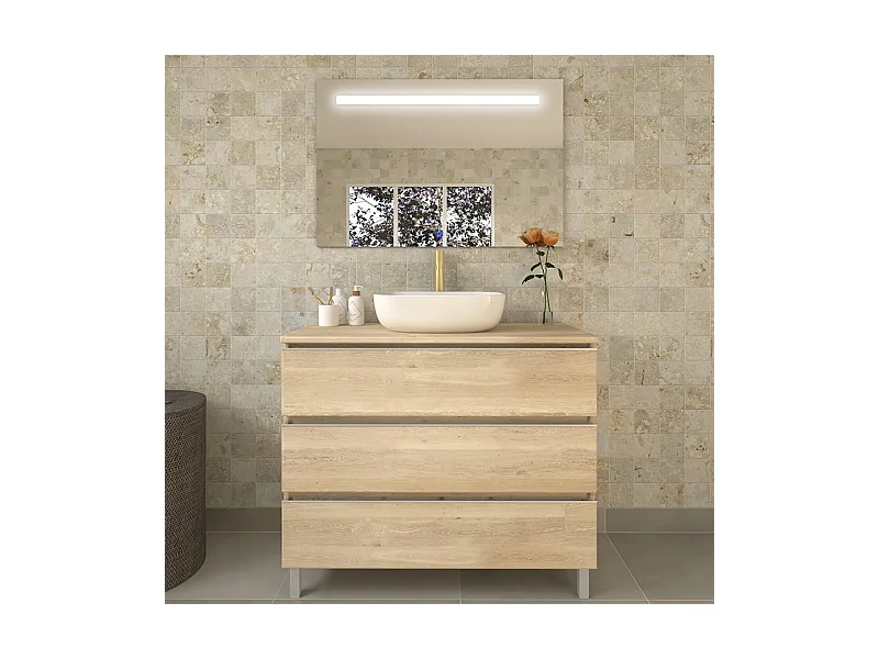 Meuble de salle de bain avec vasque à poser arrondie PALMA et miroir Led STAM - Bambou (chêne clair) - 80cm