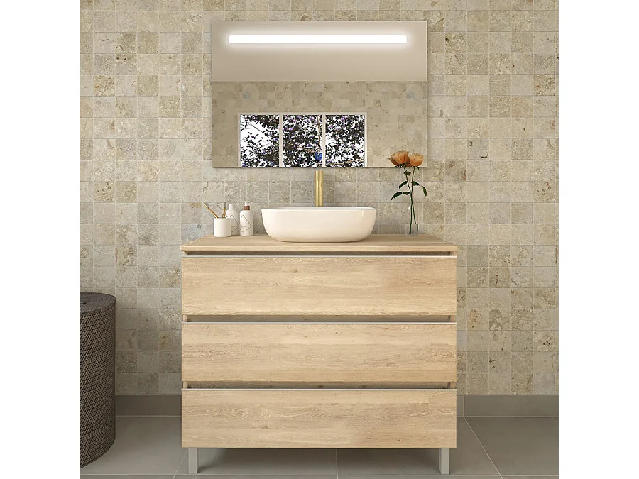 Meuble de salle de bain avec vasque à poser arrondie PALMA et miroir Led STAM - Bambou (chêne clair) - 80cm