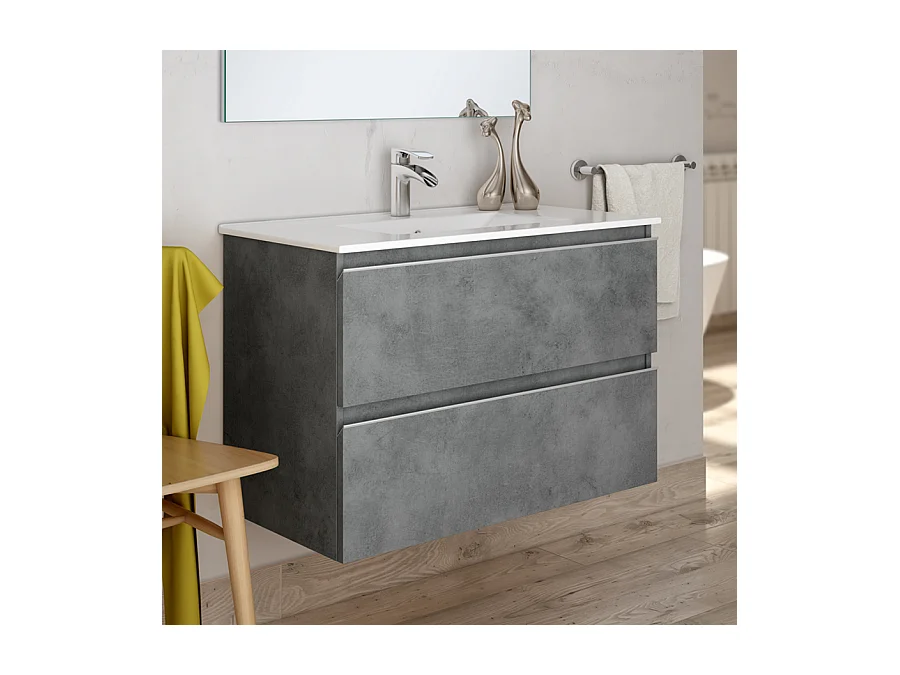 Meuble de salle de bain simple vasque - 2 tiroirs - BALEA et miroir Led STAM - ciment (gris) - 70cm