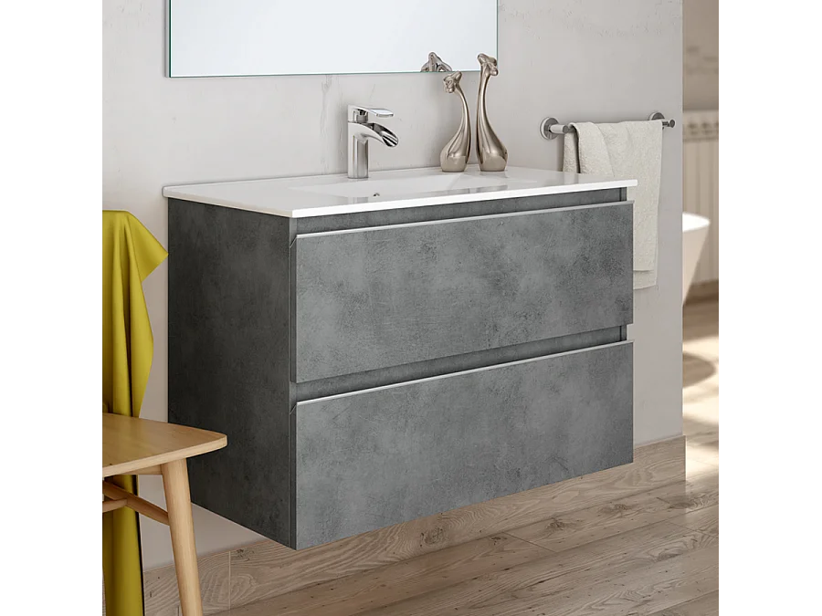 Meuble de salle de bain simple vasque - 2 tiroirs - BALEA et miroir Led STAM - ciment (gris) - 70cm