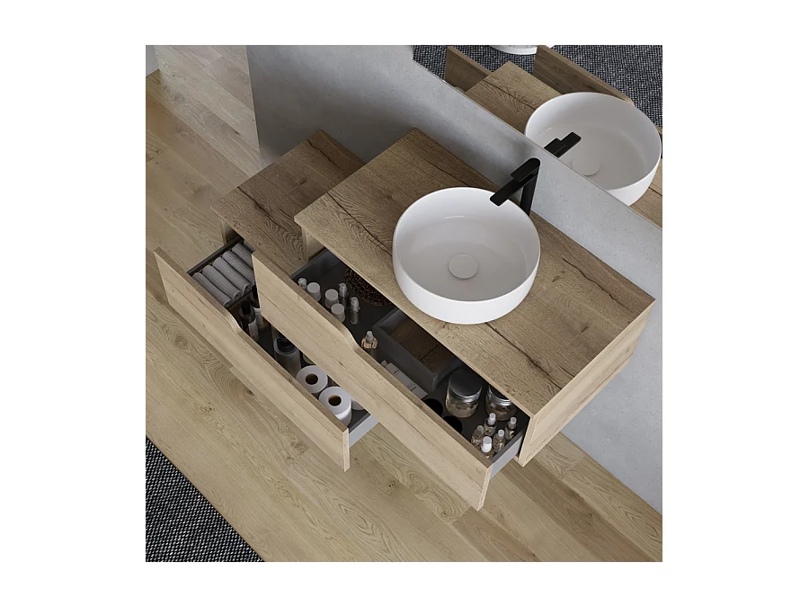 Meuble de salle de bain 120cm avec vasque à poser ronde - sans miroir - 2 tiroirs - madera miel (chêne clair) - CADIX