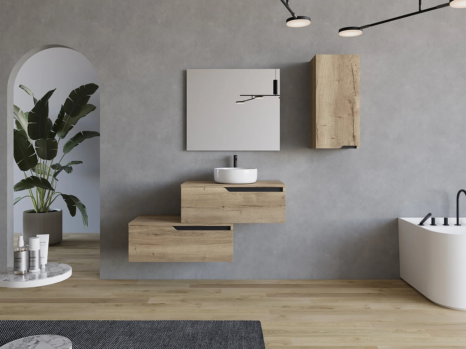 Meuble de salle de bain 120cm avec vasque à poser ronde - sans miroir - 2 tiroirs - madera miel (chêne clair) - CADIX