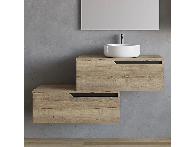 Meuble de salle de bain 120cm avec vasque à poser ronde - sans miroir - 2 tiroirs - madera miel (chêne clair) - CADIX