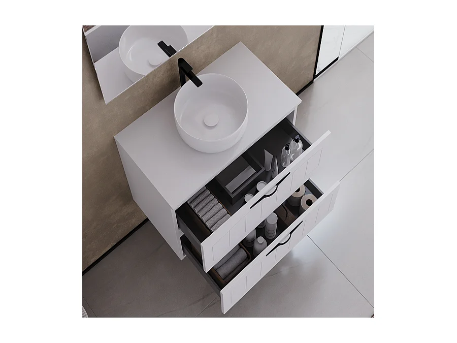 Meuble de salle de bain 60cm avec plateau et vasque à poser ronde - 2 tiroirs - sans miroir - blanc - PIA