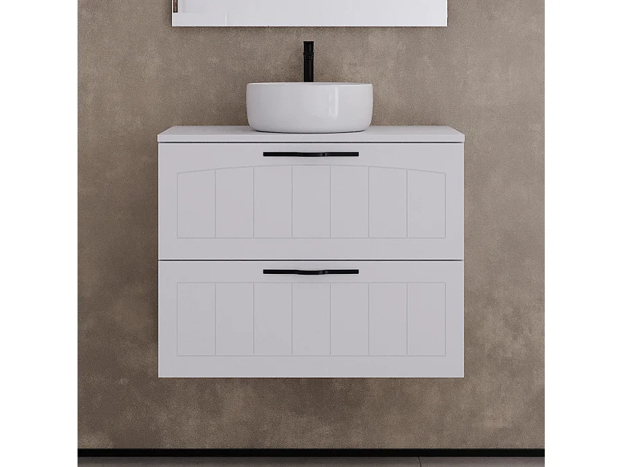 Meuble de salle de bain 60cm avec plateau et vasque à poser ronde - 2 tiroirs - sans miroir - blanc - PIA