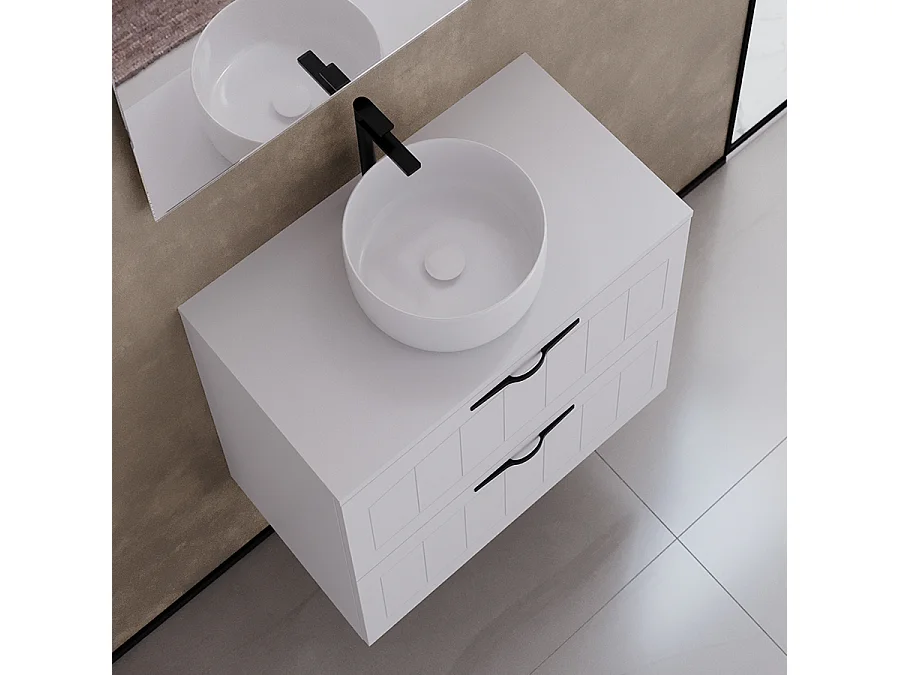Meuble de salle de bain 60cm avec plateau et vasque à poser ronde - 2 tiroirs - sans miroir - blanc - PIA