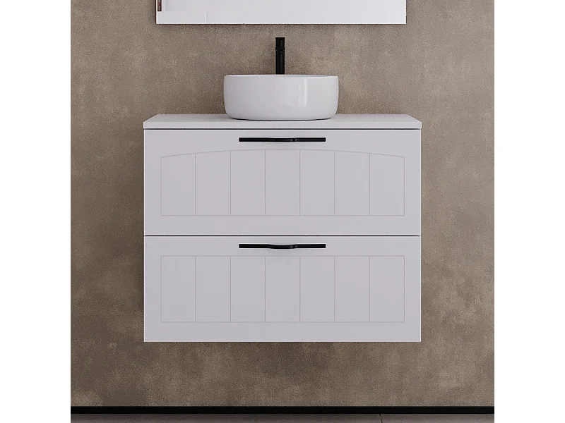 Meuble de salle de bain 60cm avec plateau et vasque à poser ronde - 2 tiroirs - sans miroir - blanc - PIA