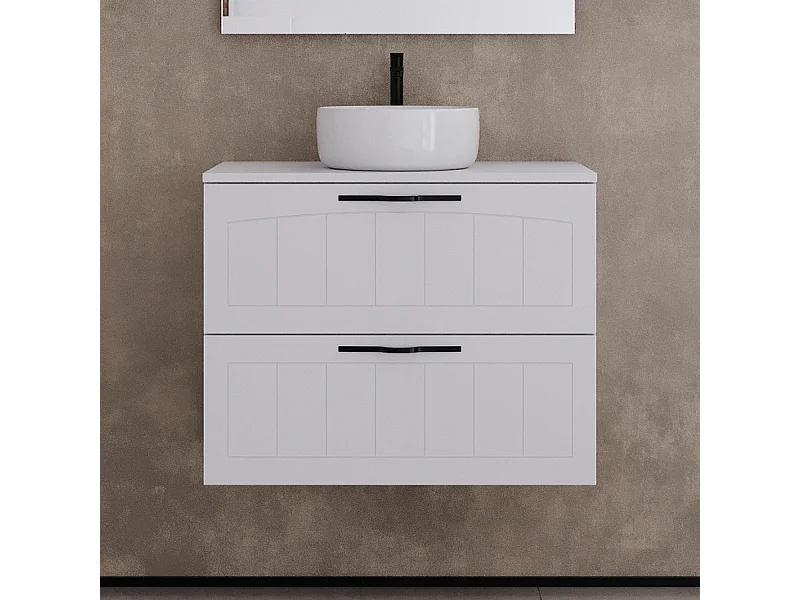 Meuble de salle de bain 60cm avec plateau et vasque à poser ronde - 2 tiroirs - sans miroir - blanc - PIA