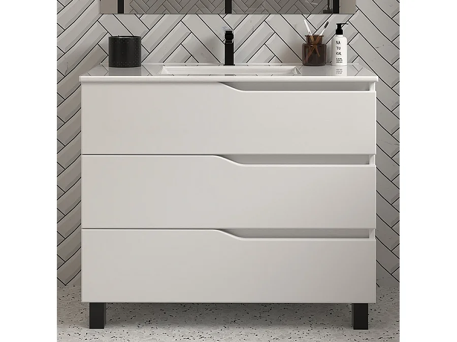 Meuble de salle de bain 80cm simple vasque - 3 tiroirs - blanc - MATA