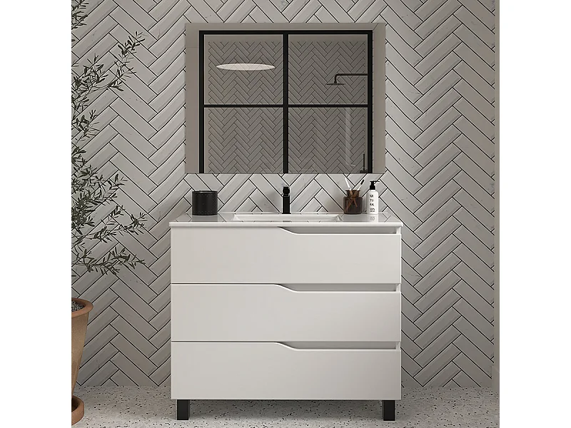 Meuble de salle de bain 80cm simple vasque - 3 tiroirs - blanc - MATA