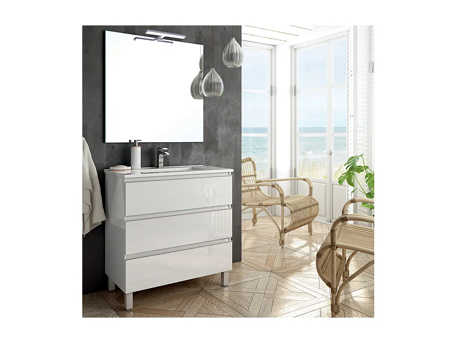 Meuble de salle de bain 60cm simple vasque - 3 tiroirs - PALMA - blanc