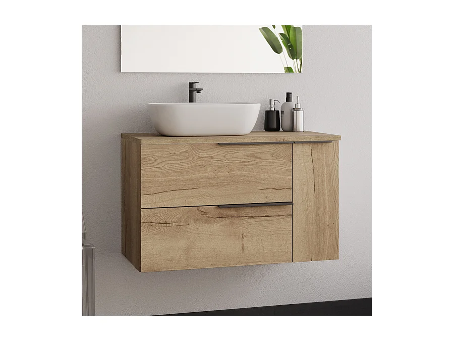 Meuble de salle de bain 80cm avec vasque à poser déportée arrondie - sans miroir - roble (chêne clair) - KING