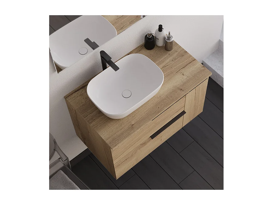 Meuble de salle de bain 80cm avec vasque à poser déportée arrondie - sans miroir - roble (chêne clair) - KING