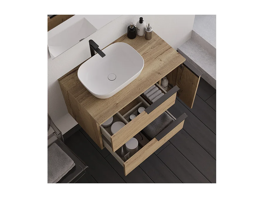 Meuble de salle de bain 80cm avec vasque à poser déportée arrondie - sans miroir - roble (chêne clair) - KING