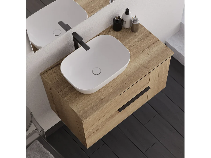 Meuble de salle de bain 80cm avec vasque à poser déportée arrondie - sans miroir - roble (chêne clair) - KING