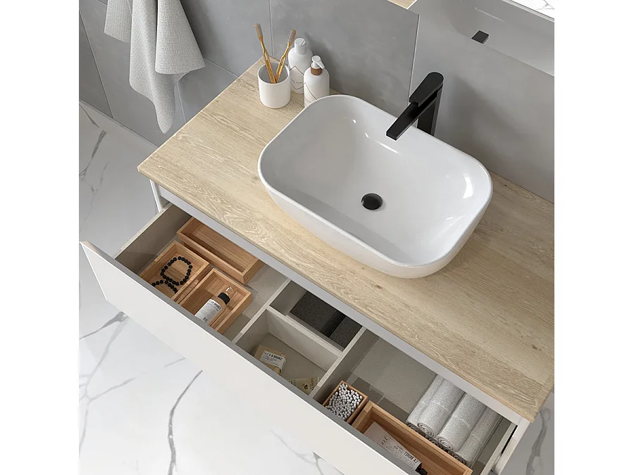 Meuble de salle de bain 2 tiroirs avec vasque à poser arrondie et miroir avec applique BALEA - Blanc - 70cm