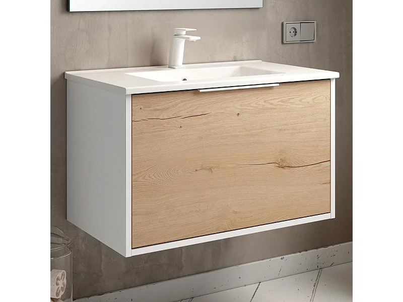 Meuble de salle de bain 80cm simple vasque - 1 façade et 2 tiroirs - sans miroir - ALBA - blanc/roble
