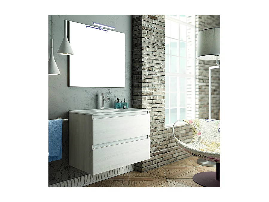 Meuble de salle de bain 100cm simple vasque - 2 tiroirs - BALEA - hibernian (bois blanchi)