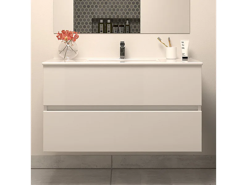 Meuble de salle de bain 100cm simple vasque - sans miroir - 2 tiroirs - blanc - IDA