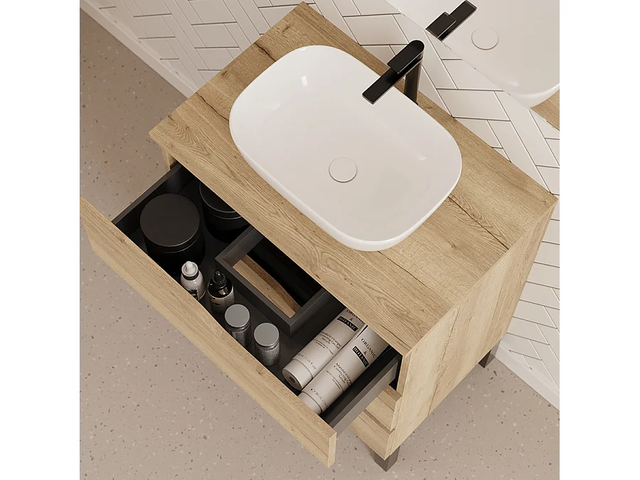 Meuble de salle de bain 80cm avec plateau et vasque à poser zeus - 3 tiroirs - madera miel (chêne clair) - MATA