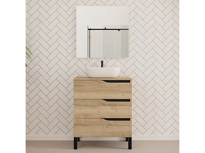 Meuble de salle de bain 80cm avec plateau et vasque à poser zeus - 3 tiroirs - madera miel (chêne clair) - MATA