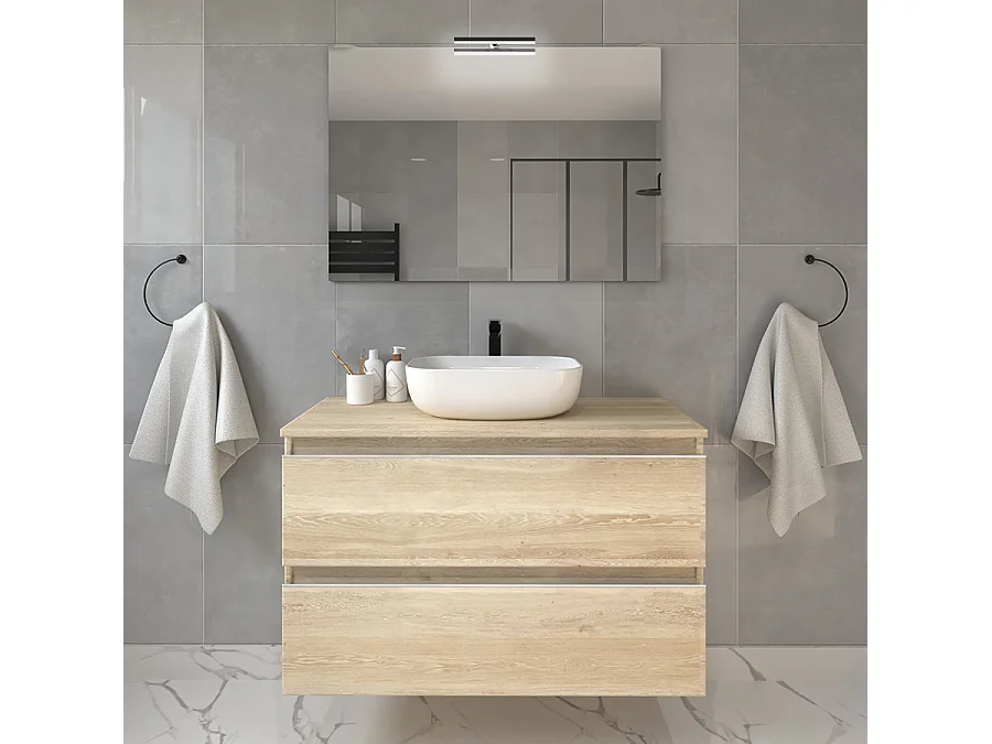 Meuble de salle de bain 2 tiroirs avec vasque à poser arrondie et miroir avec applique BALEA - Bambou (chêne clair) - 70cm