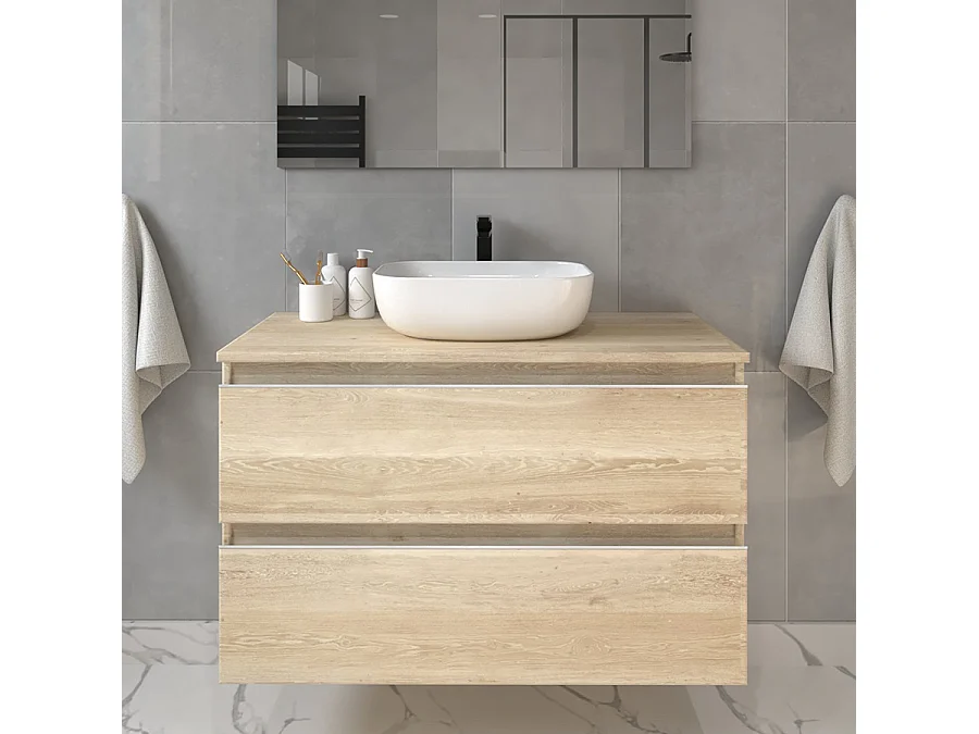 Meuble de salle de bain 2 tiroirs avec vasque à poser arrondie et miroir avec applique BALEA - Bambou (chêne clair) - 70cm