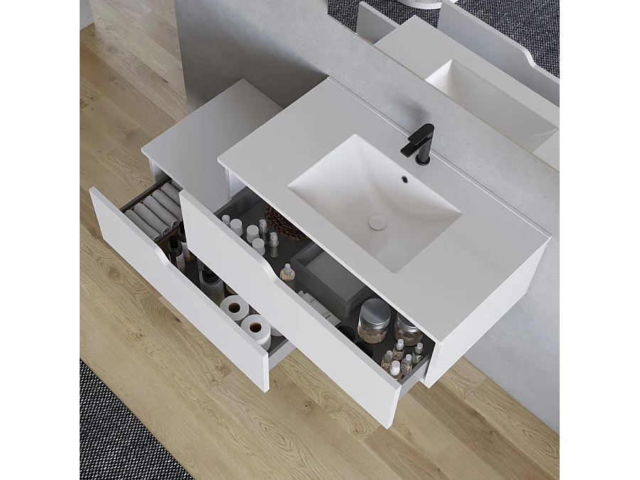 Meuble de salle de bain 120cm avec plan simple vasque - sans miroir - 2 tiroirs - blanc - CADIX