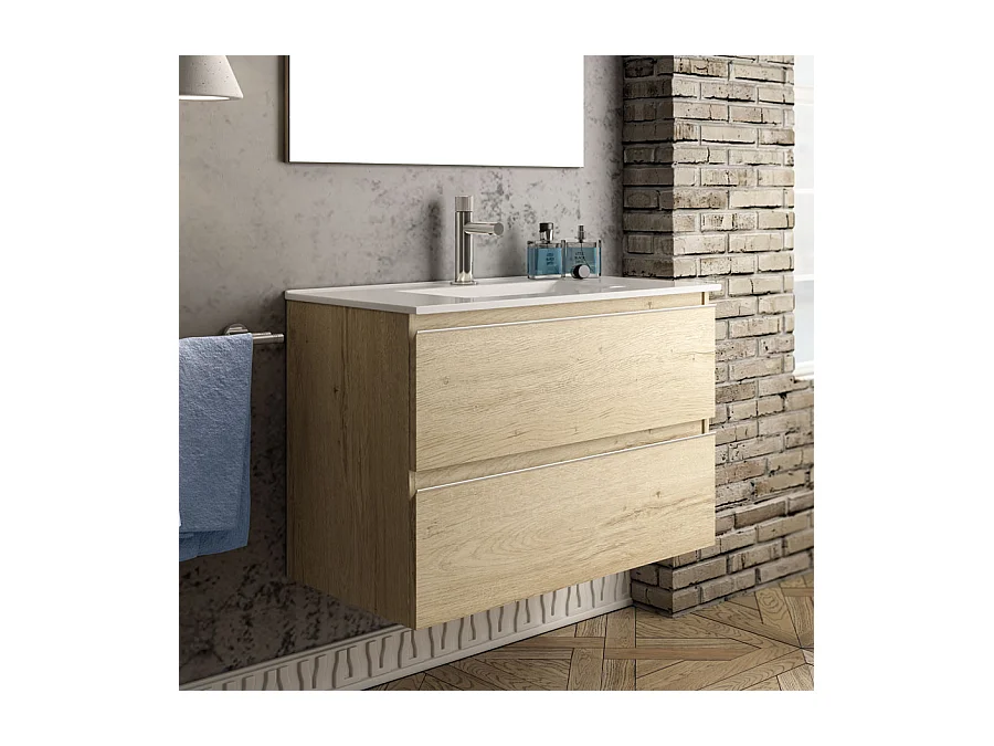 Meuble de salle de bain 80cm simple vasque - 2 tiroirs - sans miroir - BALEA - bambou (chêne clair)