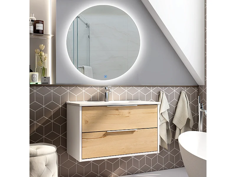 Meuble de salle de bain simple vasque - 2 tiroirs - ALBA et miroir rond SOLEN - blanc -80cm