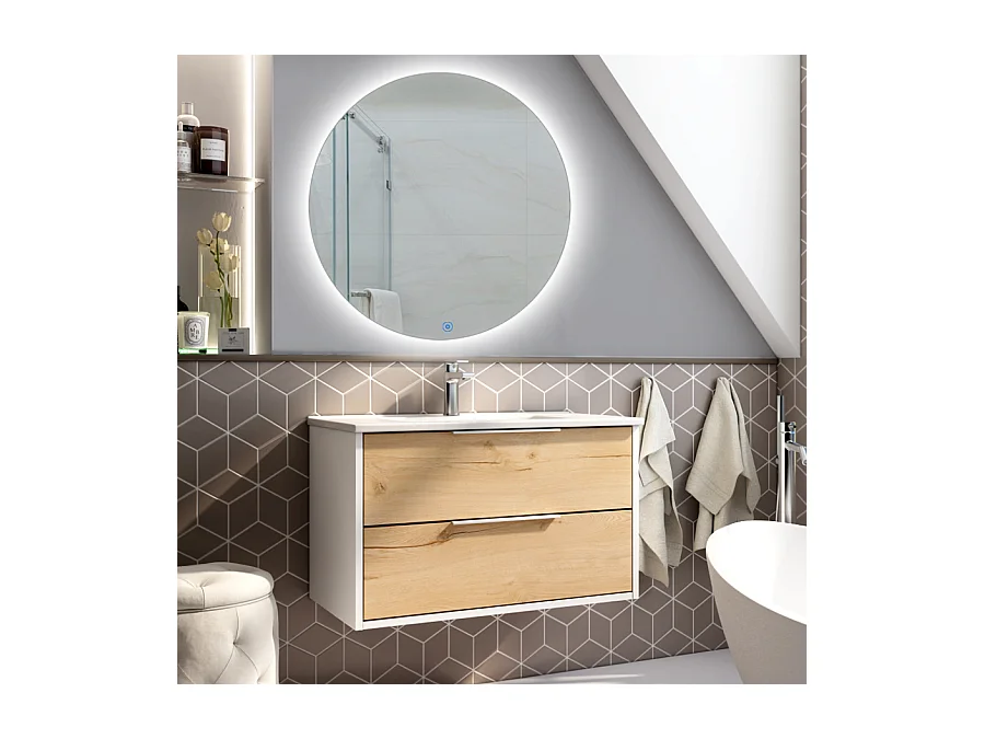 Meuble de salle de bain simple vasque - 2 tiroirs - ALBA et miroir rond SOLEN - blanc -80cm