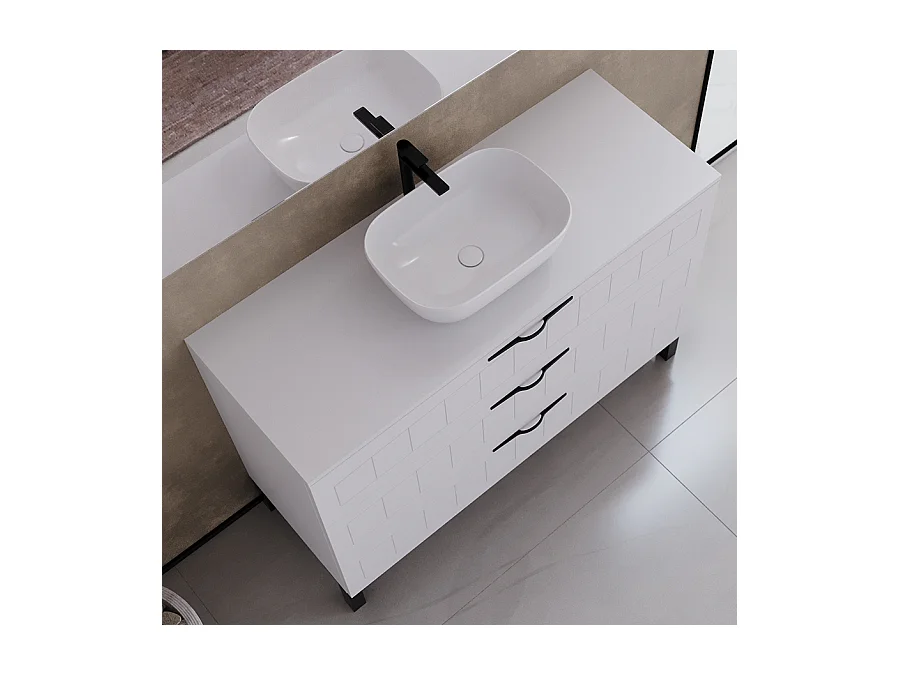 Meuble de salle de bain 120cm avec plateau et vasque à poser ovale - 3 tiroirs - sans miroir - blanc - CALA