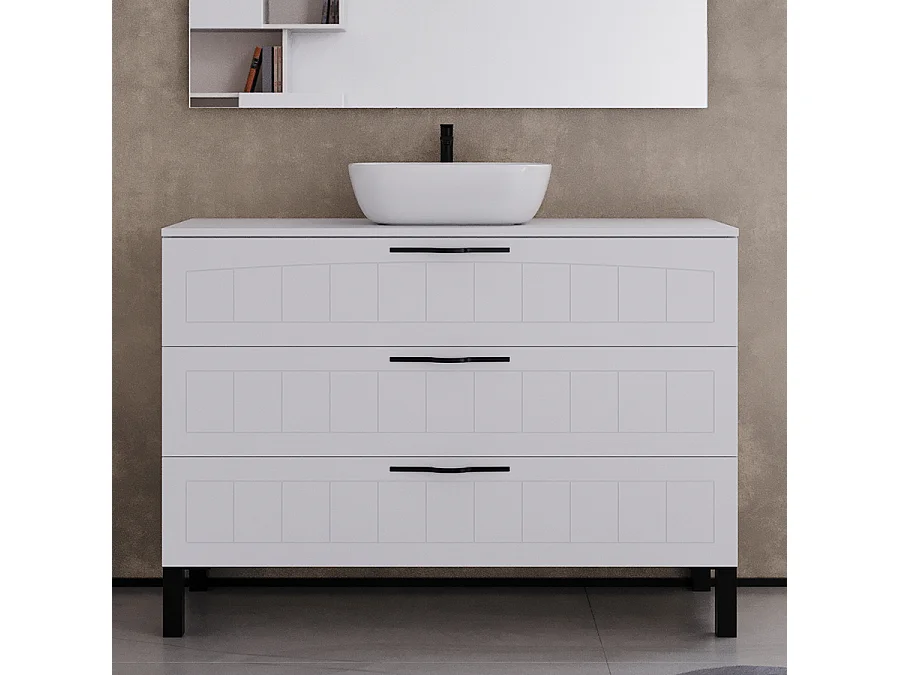 Meuble de salle de bain 120cm avec plateau et vasque à poser ovale - 3 tiroirs - sans miroir - blanc - CALA