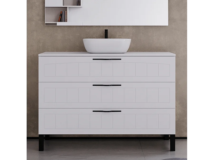 Meuble de salle de bain 120cm avec plateau et vasque à poser ovale - 3 tiroirs - sans miroir - blanc - CALA