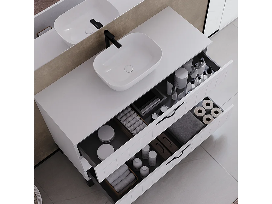 Meuble de salle de bain 120cm avec plateau et vasque à poser ovale - 3 tiroirs - sans miroir - blanc - CALA