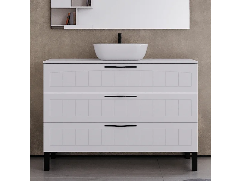 Meuble de salle de bain 120cm avec plateau et vasque à poser ovale - 3 tiroirs - sans miroir - blanc - CALA
