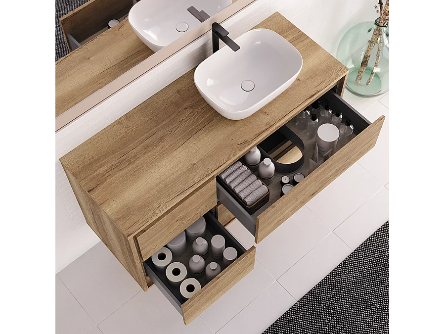Meuble de salle de bain 120cm avec vasque à poser arrondie - 4 tiroirs - roble sanctuary (chêne clair) - ETIO