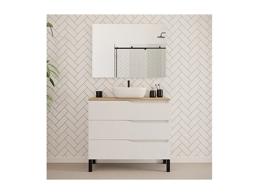 Meuble de salle de bain 100cm avec plateau miel et vasque à poser zeus - 3 tiroirs - blanc - MATA