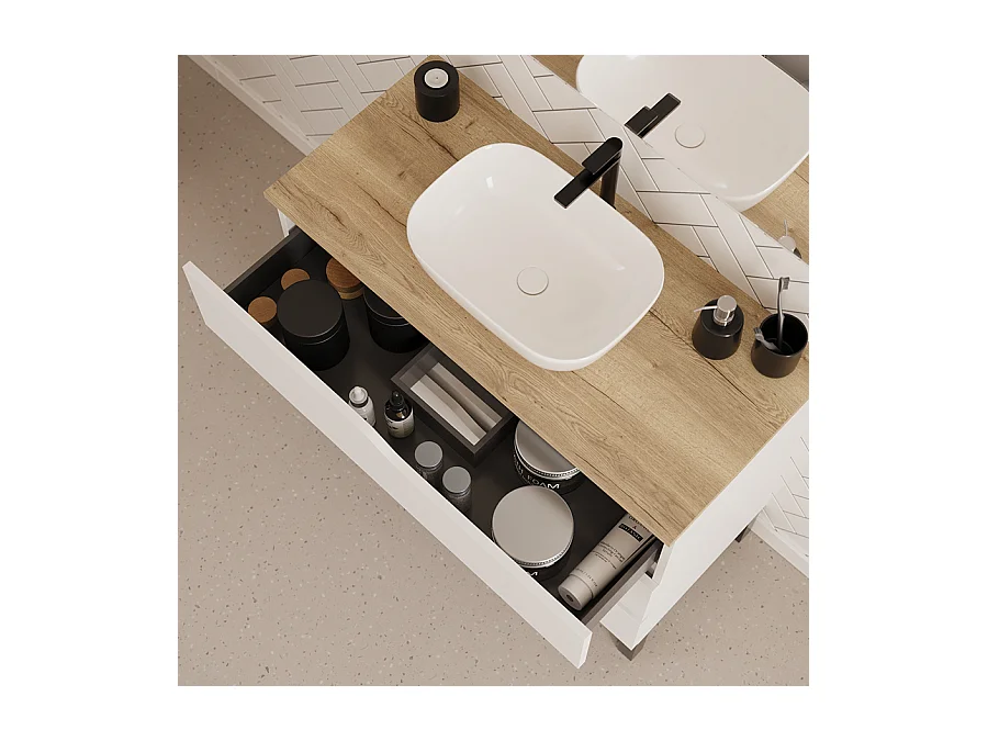 Meuble de salle de bain 100cm avec plateau miel et vasque à poser zeus - 3 tiroirs - blanc - MATA