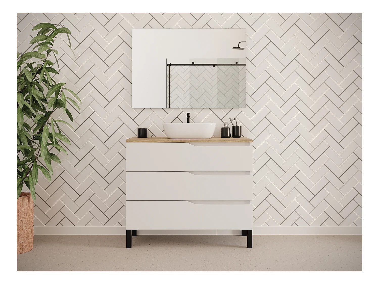 Meuble de salle de bain 100cm avec plateau miel et vasque à poser zeus - 3 tiroirs - blanc - MATA