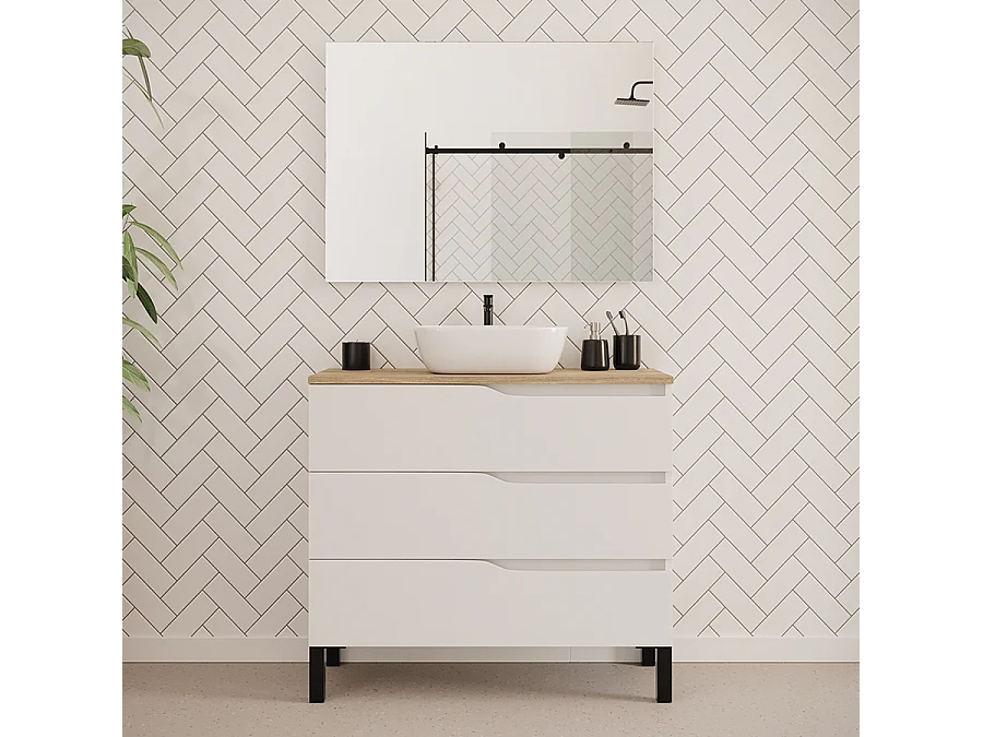 Meuble de salle de bain 100cm avec plateau miel et vasque à poser zeus - 3 tiroirs - blanc - MATA