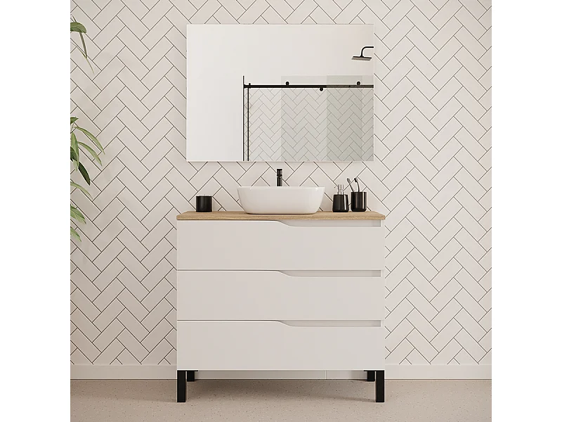 Meuble de salle de bain 100cm avec plateau miel et vasque à poser zeus - 3 tiroirs - blanc - MATA