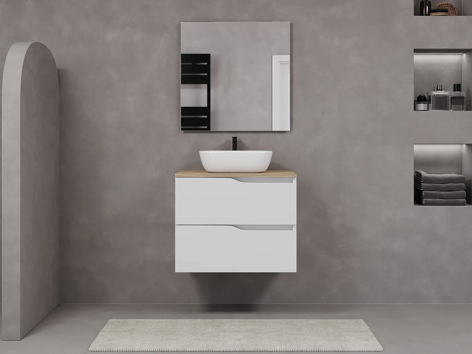 Meuble de salle de bain 60cm avec plateau miel et vasque à poser zeus - 2 tiroirs - sans miroir - blanc - LUNA