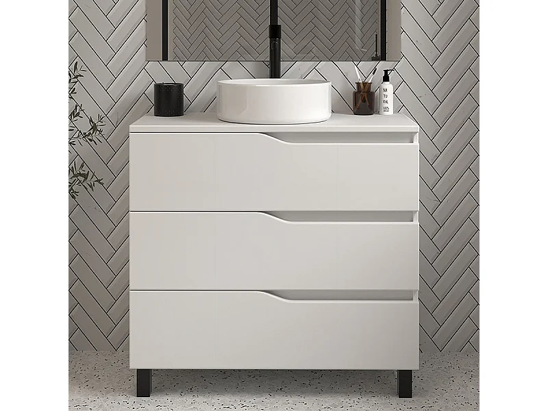 Meuble de salle de bain 90cm avec plateau et vasque à poser - 3 tiroirs - sans miroir - blanc - MATA