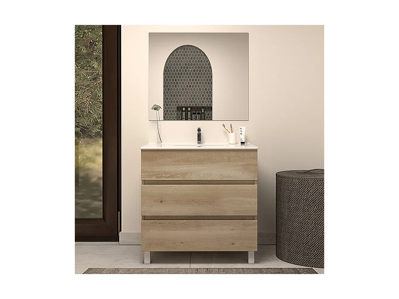 Meuble de salle de bain 60cm simple vasque - 3 tiroirs - nebraska (bois clair) - MAYOR