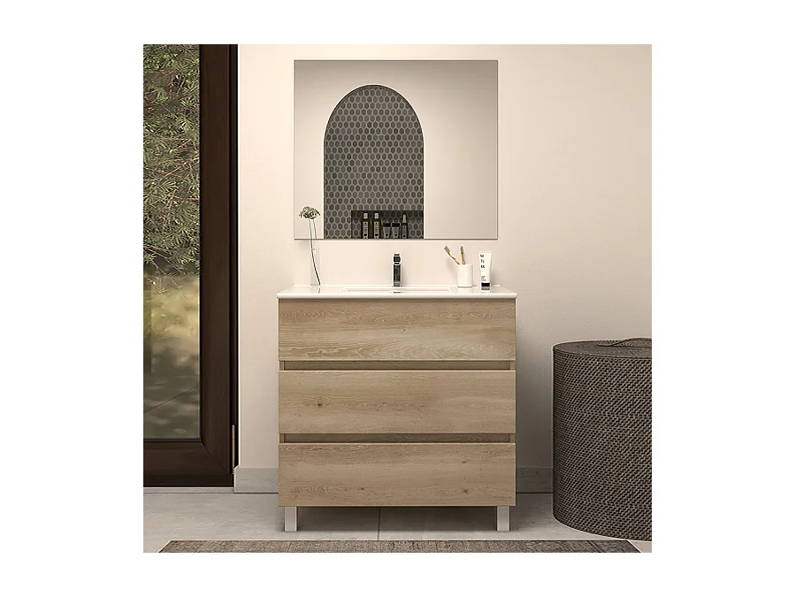 Meuble de salle de bain 60cm simple vasque - 3 tiroirs - nebraska (bois clair) - MAYOR